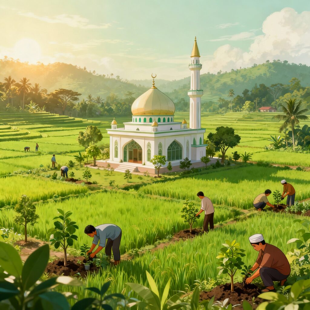 Ilustrasi implementasi ekoteologi Islam di indonesia. masyarakat Indonesia menanam pohon, masjid berdiri di tengah alam hijau,