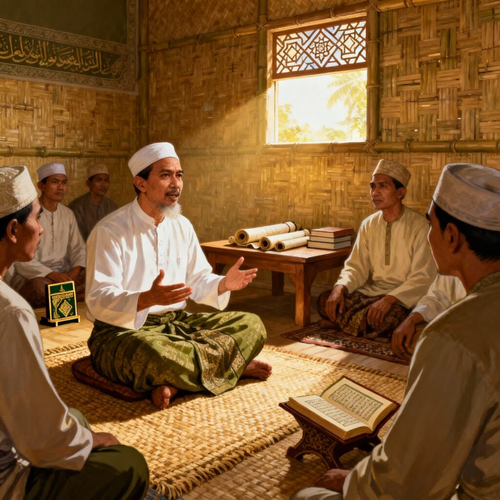 Ilustrasi KH. Ahmad Dahlan, pendiri Muhammadiyah, sedang mengajar di sekolah sederhana Yogyakarta tahun 1912 dengan pakaian Jawa islami.