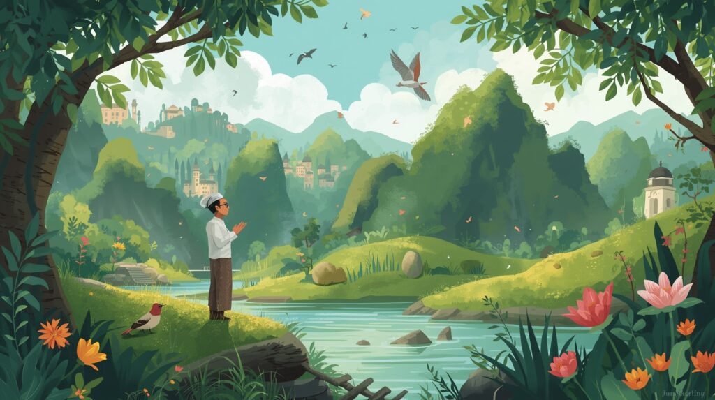 Muslim sebagai khalifah fil ardh berdiri di tengah lanskap alami penuh tumbuhan dan hewan, dikelilingi aura spiritual.