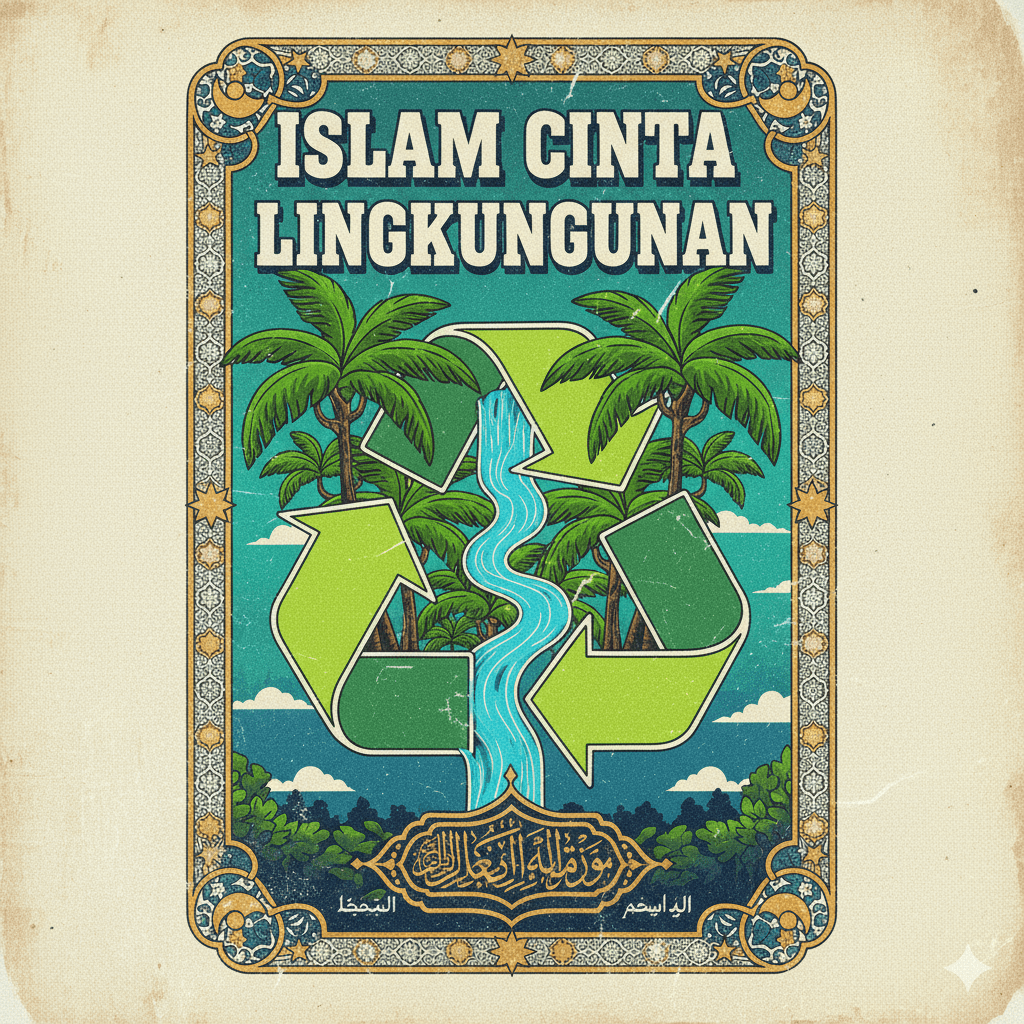 Poster retro dengan slogan “Islam Cinta Lingkungan” dalam font tebal, ornamen Islami geometri, bintang, bulan sabit, simbol daur ulang, pepohonan tropis, air bersih, warna hijau-biru dominan, dan nuansa klasik vintage.