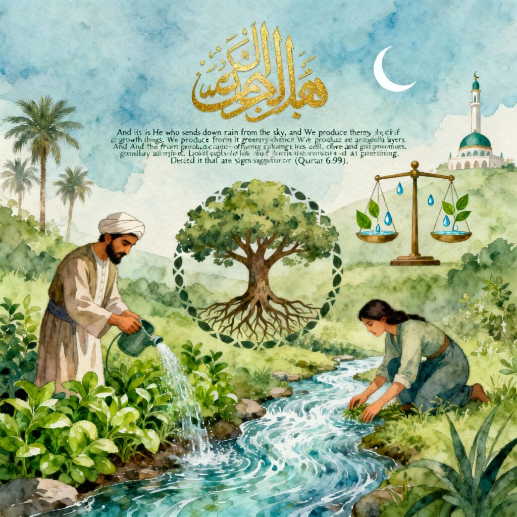 Ilustrasi prinsip ekoteologi dalam Al-Quran: manusia merawat tanaman dan sungai, disertai kaligrafi Islam ayat tentang lingkungan, simbol keseimbangan spiritual dan ekologi.