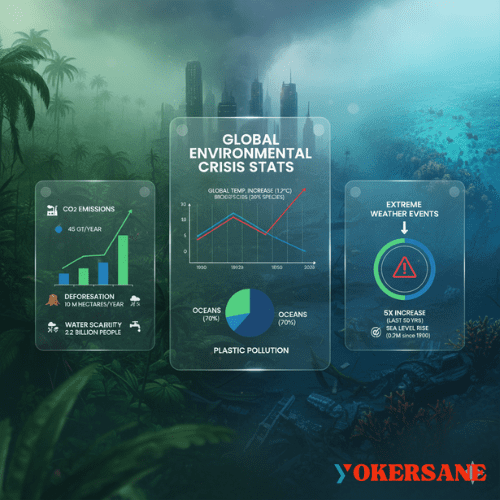 Modern semi-realistic infographic showing global environmental crisis statistics with charts, maps, and nature imagery.