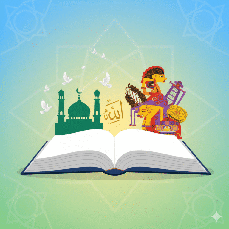 Grafik buku terbuka dan ikon budaya multikultural Islam, simbol toleransi dan harmoni sosial.