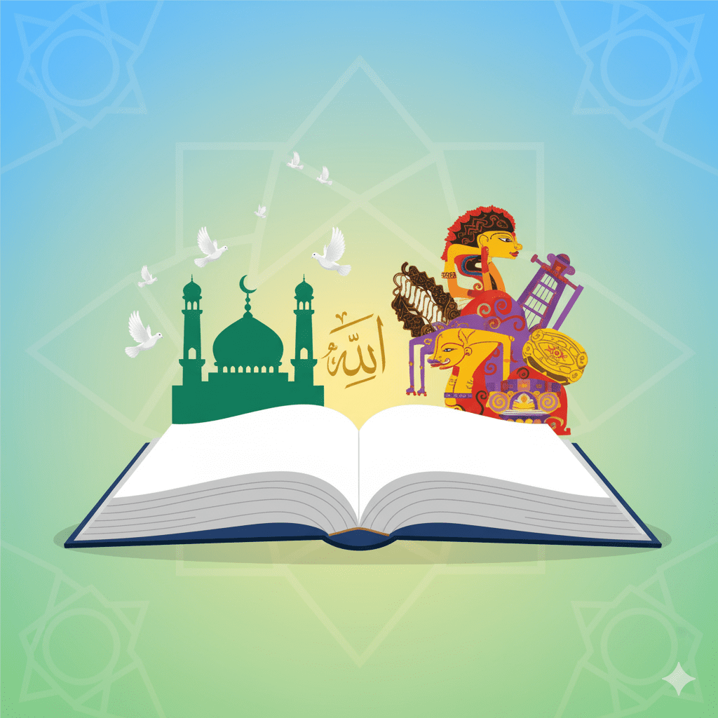 Grafik buku terbuka dan ikon budaya multikultural Islam, simbol toleransi dan harmoni sosial.