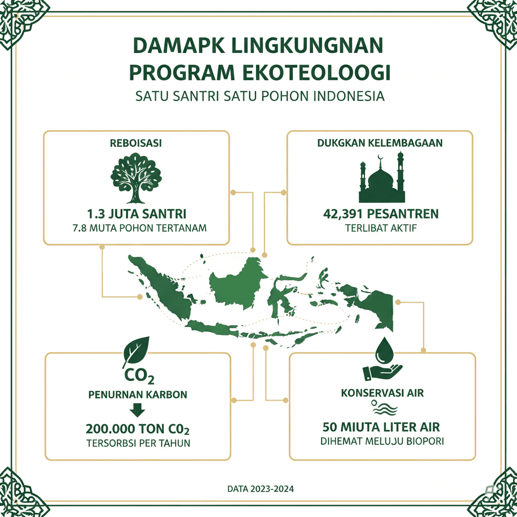 Infografis statistik dampak program ekoteologi Kemenag dengan data 1,3 juta santri dan 42.391 pesantren

