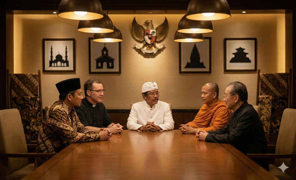Dialog antar agama dalam suasana elegan bercahaya redup dengan tokoh lintas iman di Indonesia