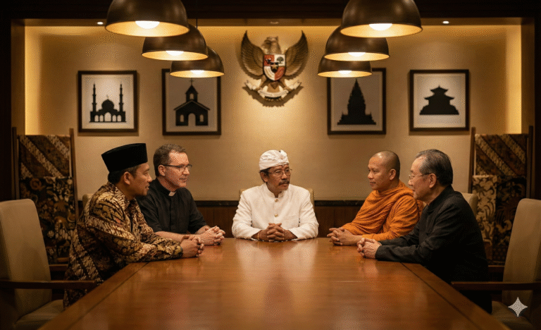 Dialog antar agama dalam suasana elegan bercahaya redup dengan tokoh lintas iman di Indonesia