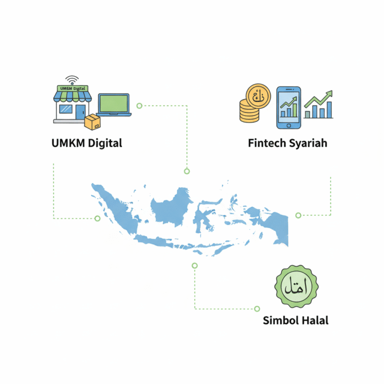 Ilustrasi minimalis peta Indonesia, UMKM digital, fintech syariah, dan simbol halal