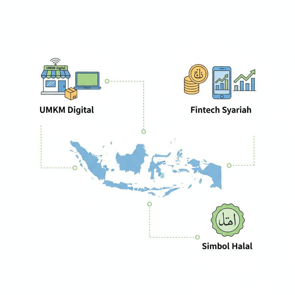 Ilustrasi minimalis peta Indonesia, UMKM digital, fintech syariah, dan simbol halal