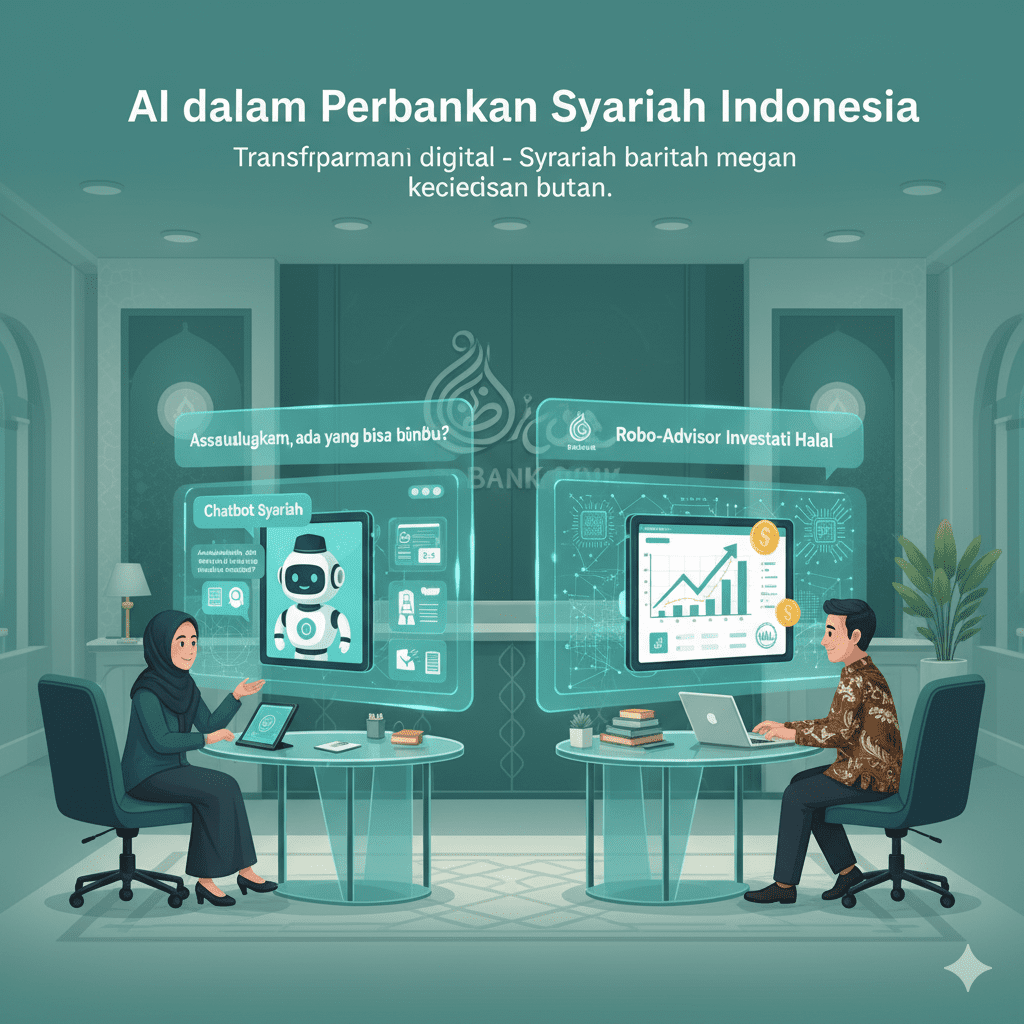 Ilustrasi AI dalam perbankan syariah dengan teknologi chatbot dan robo-advisor untuk nasabah bank Islam