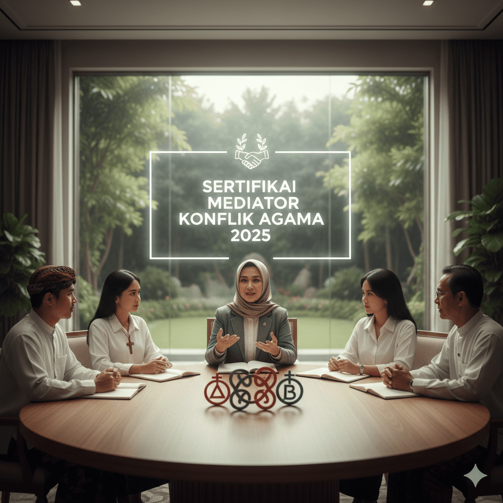 sertifikasi mediator konflik agama, "Ilustrasi pertemuan mediasi damai antar tokoh lintas agama yang dipimpin oleh mediator bersertifikat, merepresentasikan program sertifikasi mediator konflik agama tahun 2025."