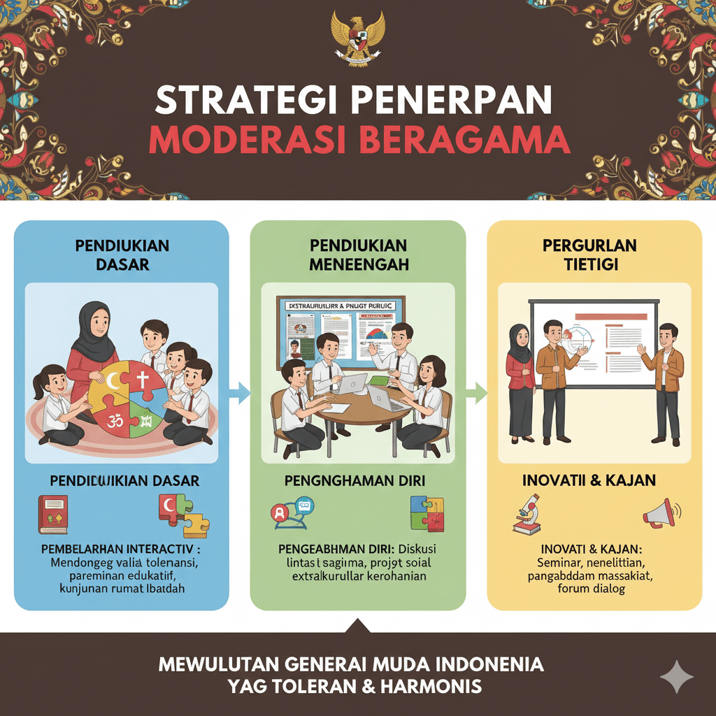 Infografis implementasi moderasi beragama di semua jenjang pendidikan Indonesia.
