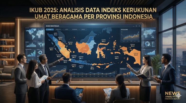Grafik peta Indonesia menunjukkan IKUB 2025 Provinsi dengan warna gradien untuk tingkat kerukunan.