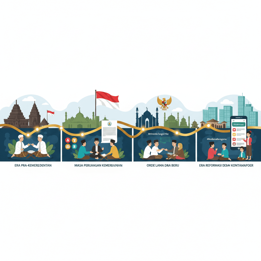 Ilustrasi perjalanan sejarah moderasi beragama di Indonesia dalam bentuk timeline, lengkap dengan tokoh Islam, landmark Masjid Istiqlal, dan simbol kebangsaan.