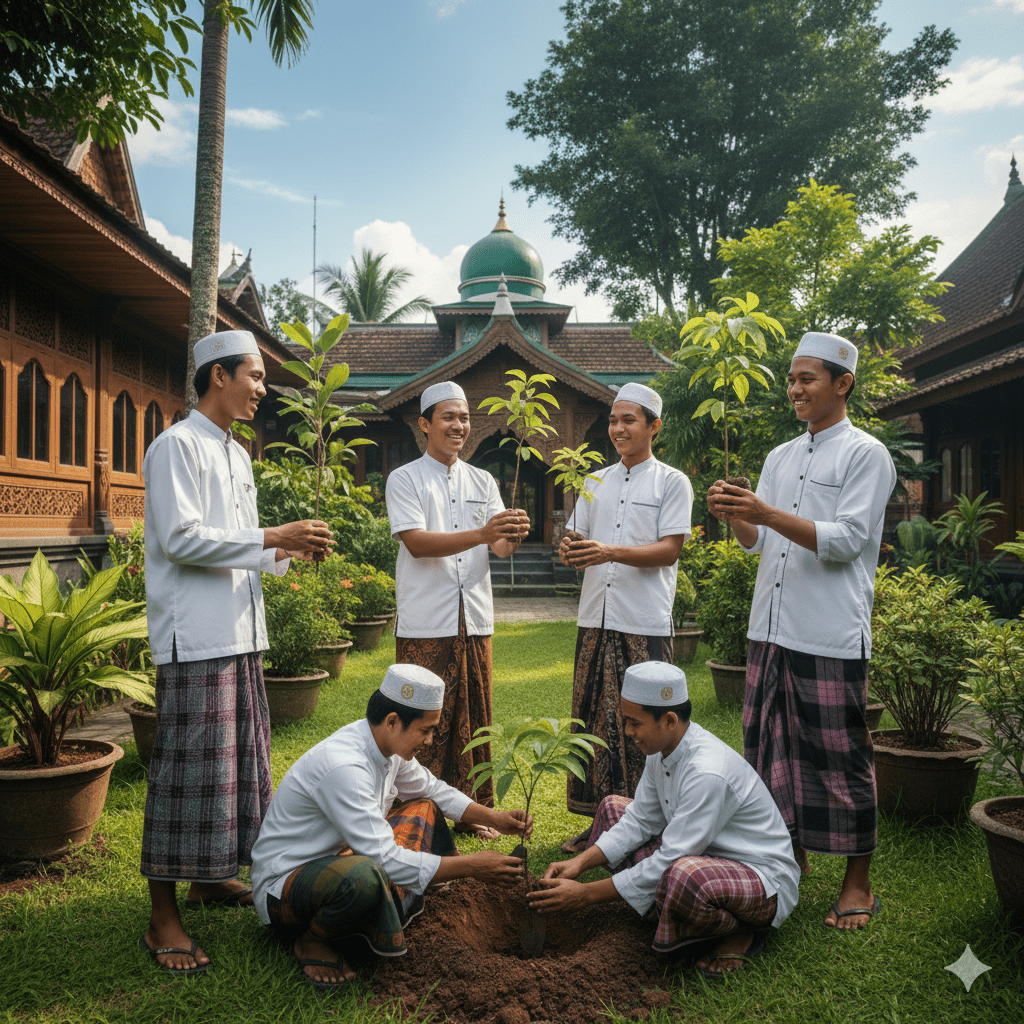Santri menanam pohon bersama dalam program Satu Santri Satu Pohon Kemenag di halaman pesantren hijau
