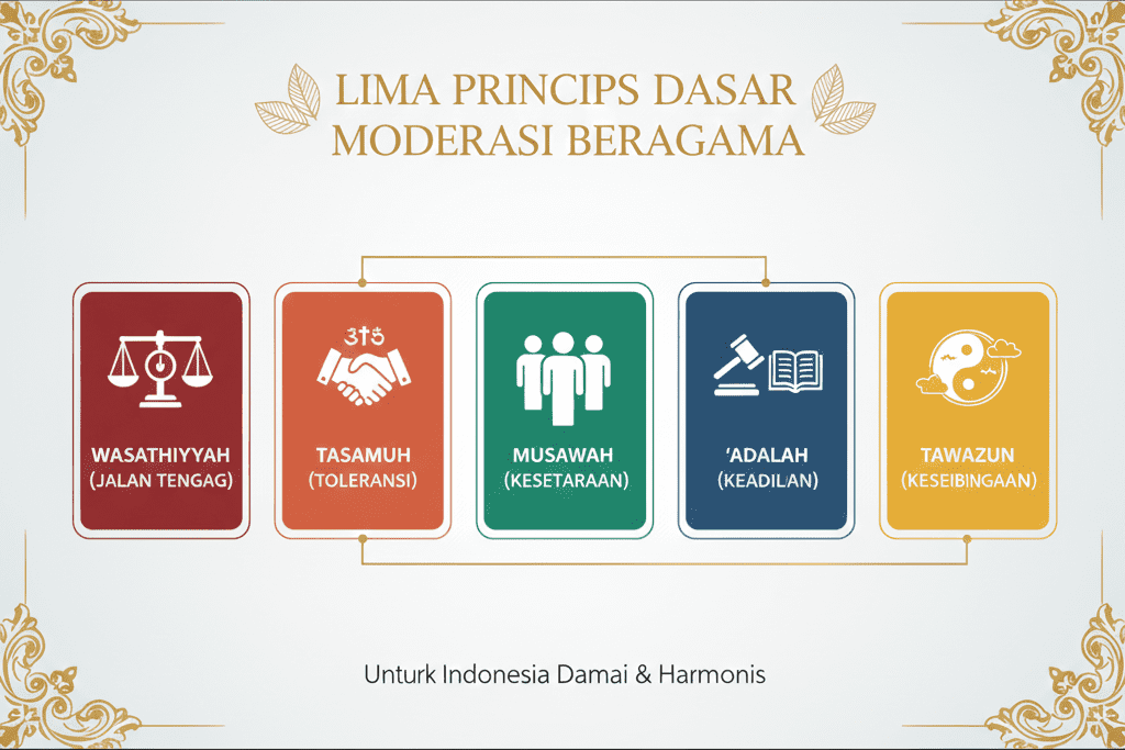 Visual lima prinsip dasar moderasi beragama di Indonesia: Wasathiyyah (Jalan Tengah), Tasamuh (Toleransi), Musawah (Kesetaraan), 'Adalah (Keadilan), dan Tawazun (Keseimbangan), digambarkan dengan ikon harmonis.