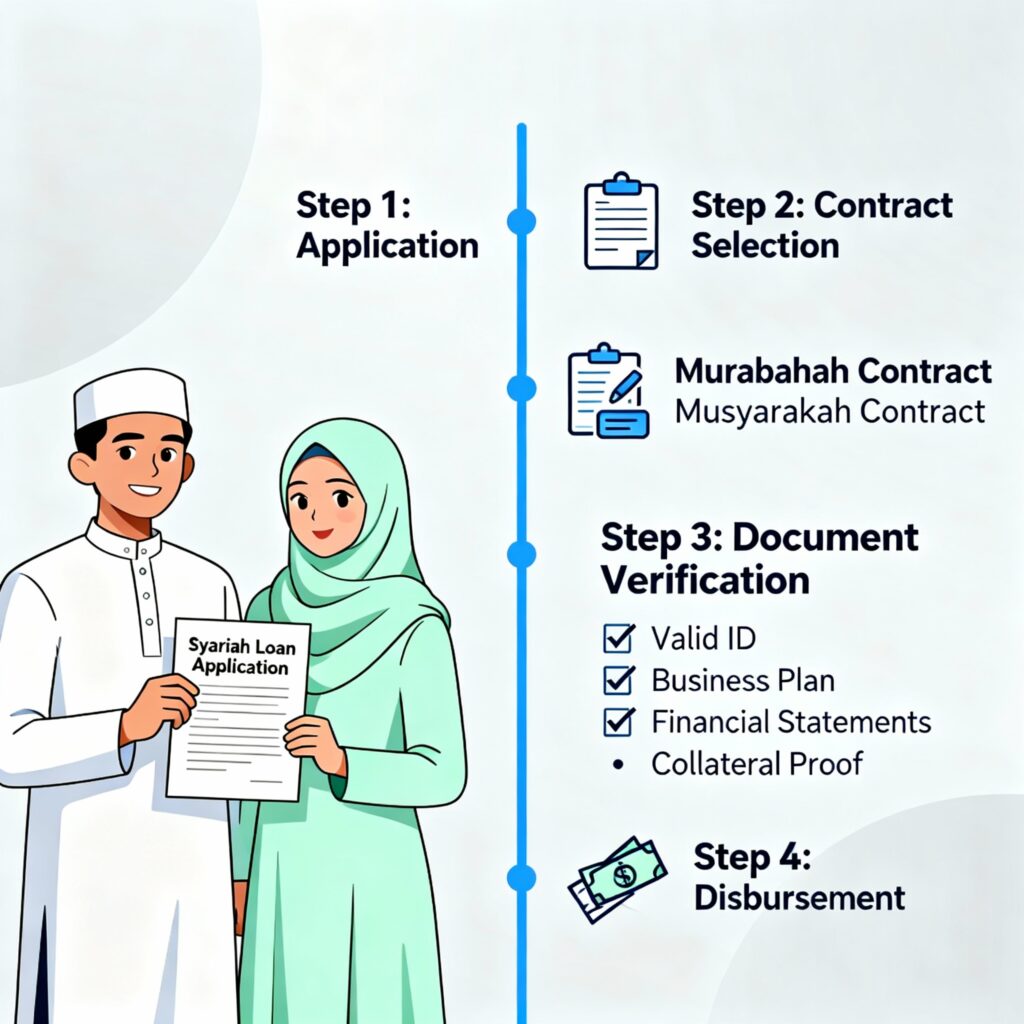 Infografis ini menunjukkan tahapan praktis yang harus dilalui UMKM Muslim saat mengajukan pinjaman syariah melalui fintech dan bank, berdasarkan regulasi OJK terbaru 2025. Mulai dari penentuan akad (murabahah/musyarakah), cek dokumen, hingga penerimaan dana dengan pengawasan syariah.