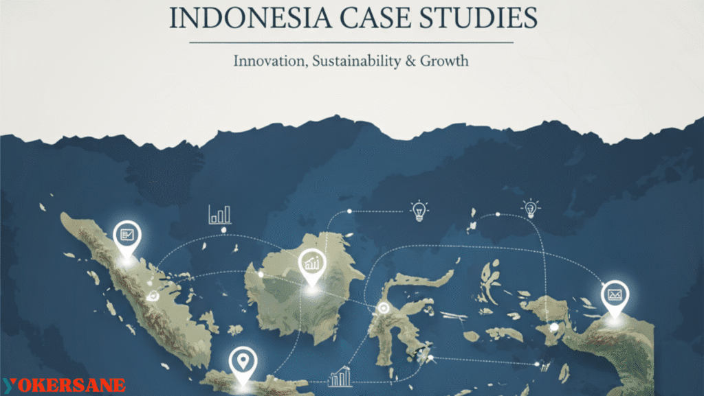 A semi-realistic map of Indonesia with highlighted regions, data points, and connection lines representing sustainability case studies.