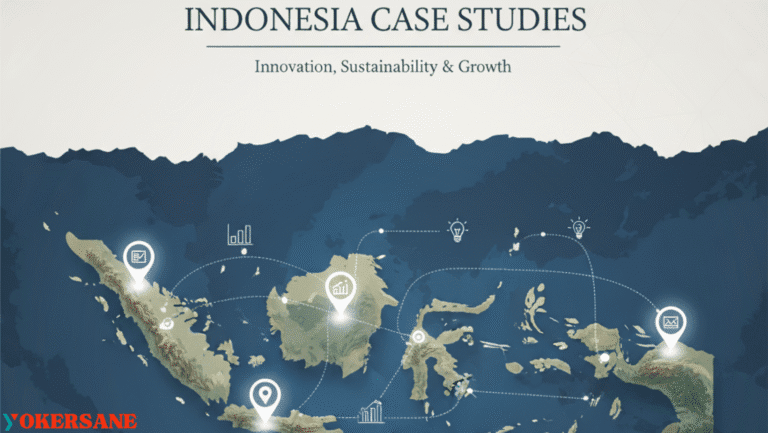 A semi-realistic map of Indonesia with highlighted regions, data points, and connection lines representing sustainability case studies.
