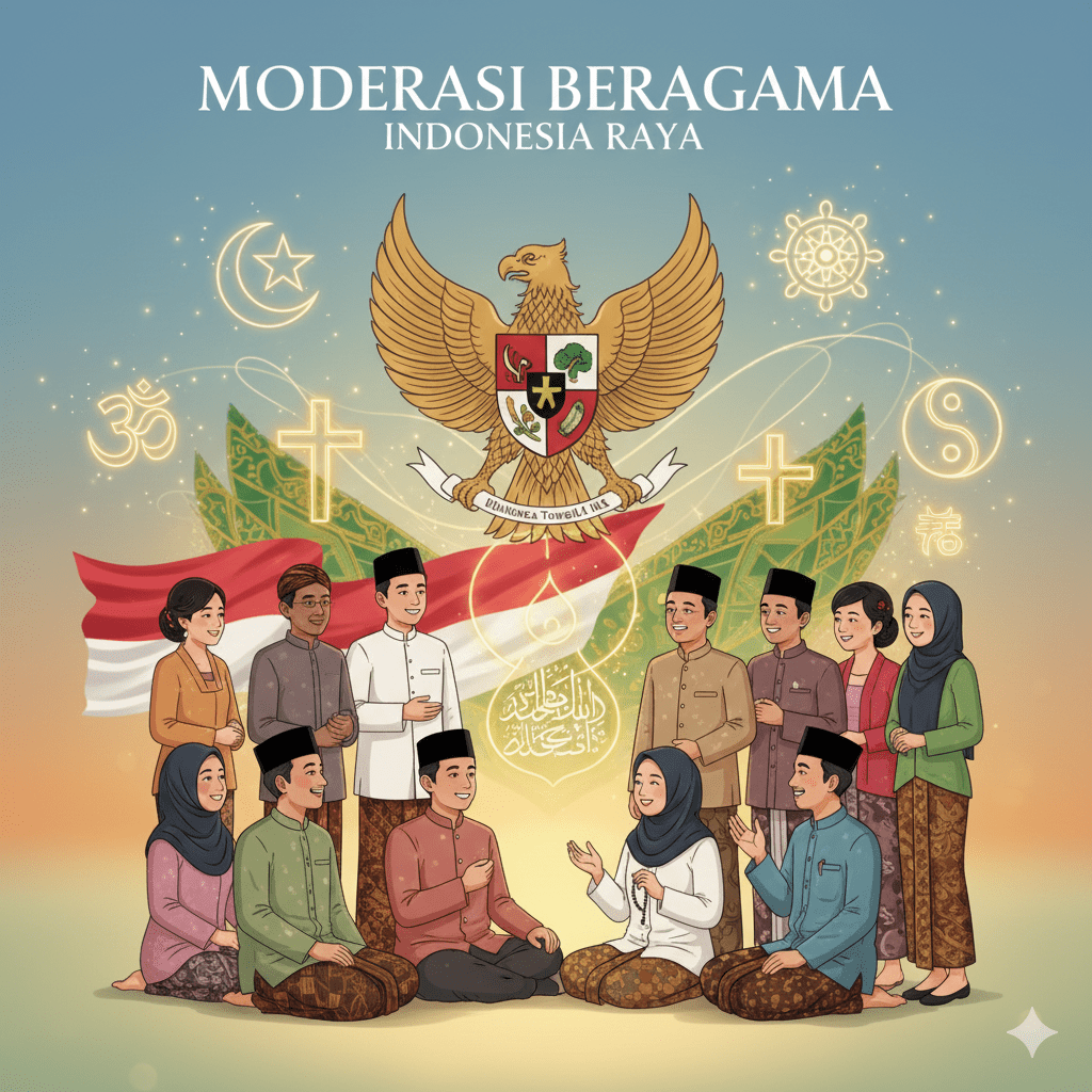 Ilustrasi keberagaman agama di Indonesia, umat beragama berdialog dan bergandengan tangan dalam suasana damai, dengan simbol Islam dan nasionalisme.