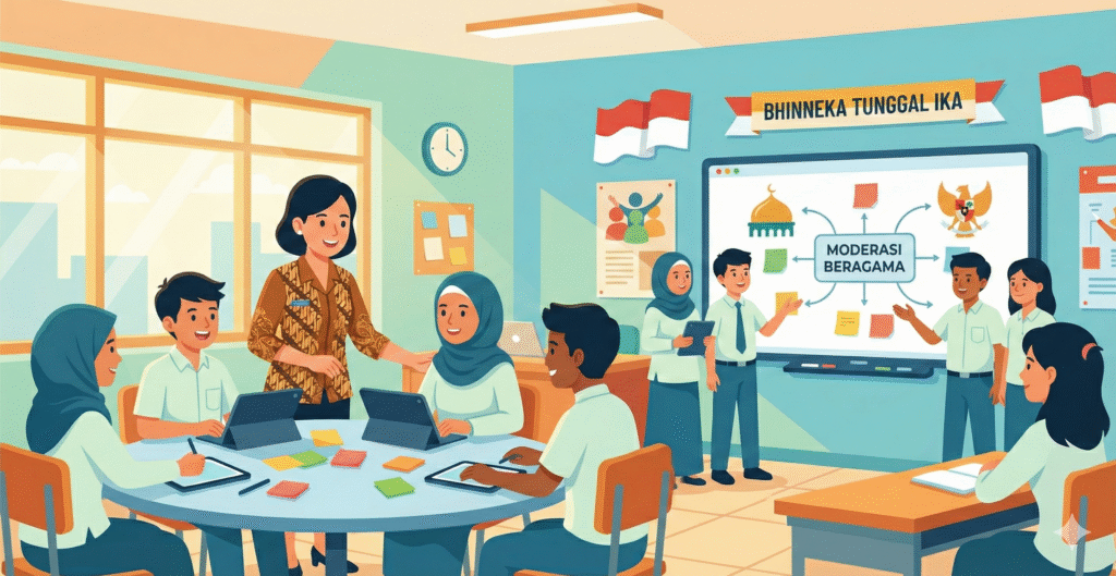 Metode pembelajaran moderasi beragama yang interaktif dengan siswa aktif berdiskusi, menggunakan teknologi digital, dan berkolaborasi dalam suasana kelas yang dinamis dan inklusif