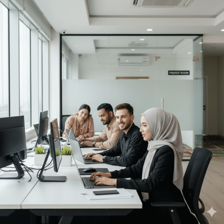 moderasi beragama di tempat kerja, Lingkungan kerja inklusif dengan karyawan beragam agama berkolaborasi dalam suasana profesional dan toleran