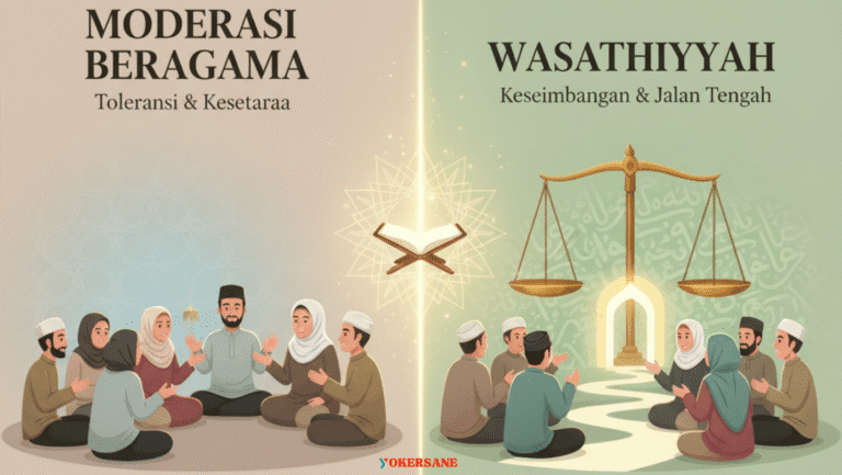Semi-realistic modern illustration showing the concept of “Moderasi Beragama vs Wasathiyyah,” symbolizing balance, tolerance, and harmony between civic religious moderation and Islamic middle-path values.