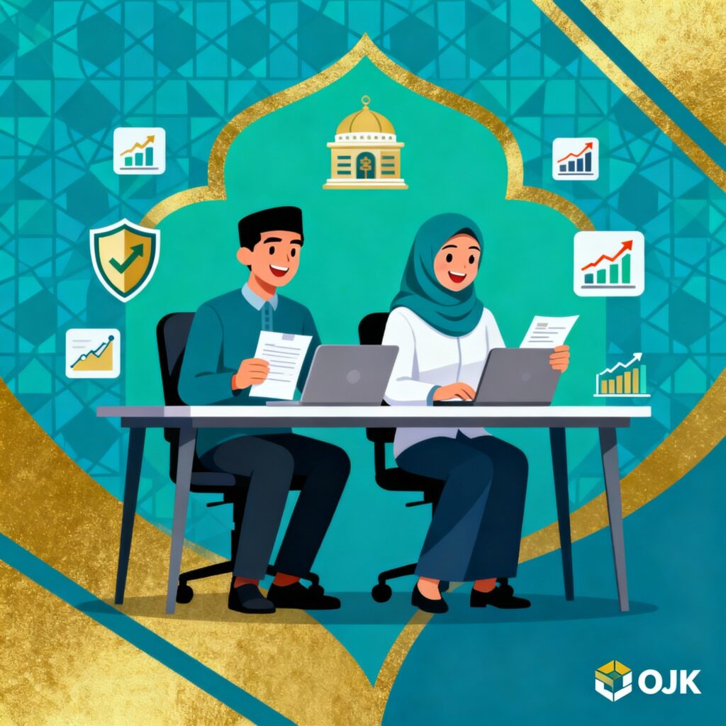 Infografis dampak regulasi OJK 2025 terhadap pinjaman syariah dan fintech UMKM—menunjukkan perlindungan, transparansi, akses pembiayaan halal