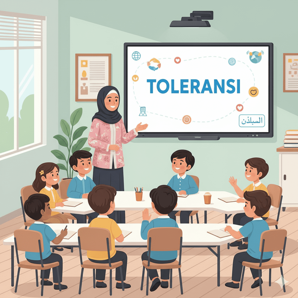 lIlustrasi anak-anak beragam budaya belajar bersama dalam pendidikan Islam multikultural di kelas modern.