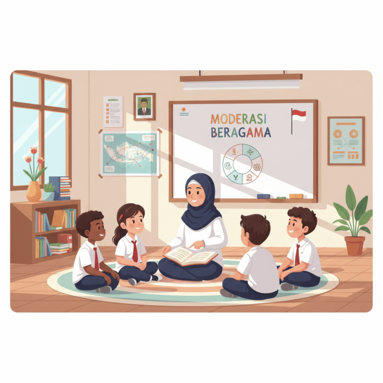 Ilustrasi suasana sekolah Indonesia yang mengajarkan moderasi beragama, guru dan siswa lintas agama berdiskusi tentang toleransi dan kerukunan di dalam kelas dengan papan tulis bertuliskan "Moderasi Beragama".