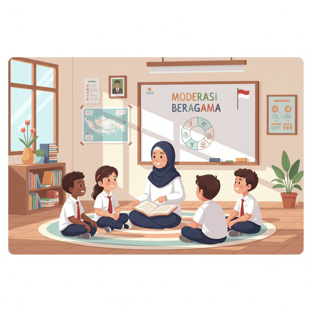 Ilustrasi suasana sekolah Indonesia yang mengajarkan moderasi beragama, guru dan siswa lintas agama berdiskusi tentang toleransi dan kerukunan di dalam kelas dengan papan tulis bertuliskan "Moderasi Beragama".