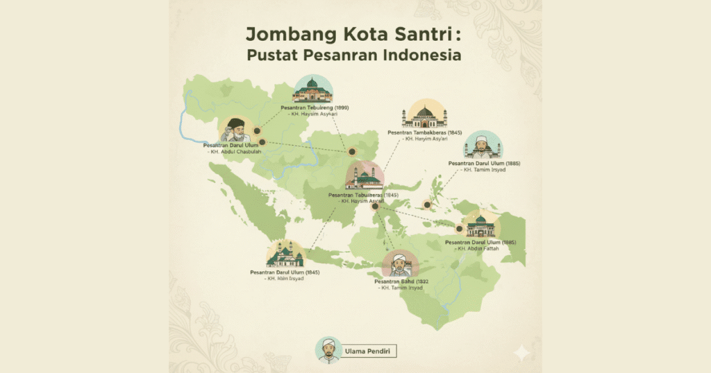 Peta pesat Pesantren bersejarah di Jombang, menampilkan lokasi, tahun berdiri, dan tokoh pendiri.