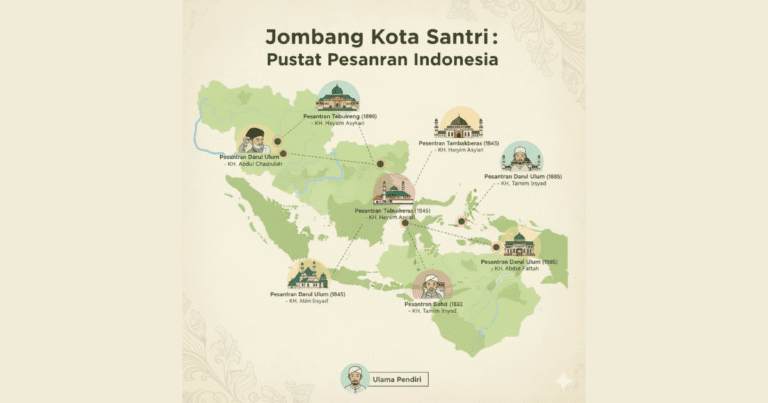 Peta pesat Pesantren bersejarah di Jombang, menampilkan lokasi, tahun berdiri, dan tokoh pendiri.