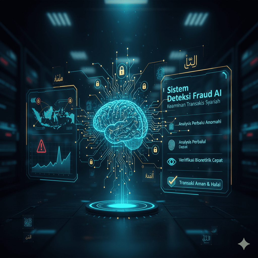 Ilustrasi AI dalam perbankan syariah dengan teknologi chatbot dan robo-advisor untuk nasabah bank Islam