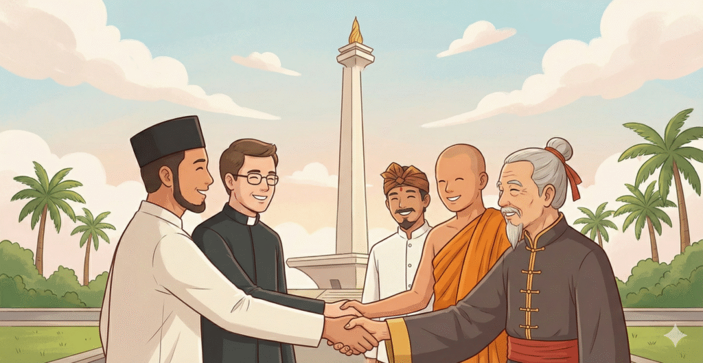 Ilustrasi kerukunan beragama FKUB Jakarta – tokoh lintas agama bersalaman di depan landmark Jakarta