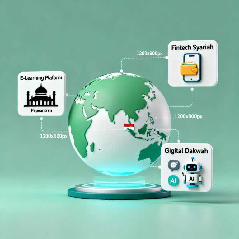 Ilustrasi minimalis integrasi nilai Islam dan teknologi digital—masjid digital dengan simbol aplikasi Quran dan pendidikan dalam nuansa hijau-putih.