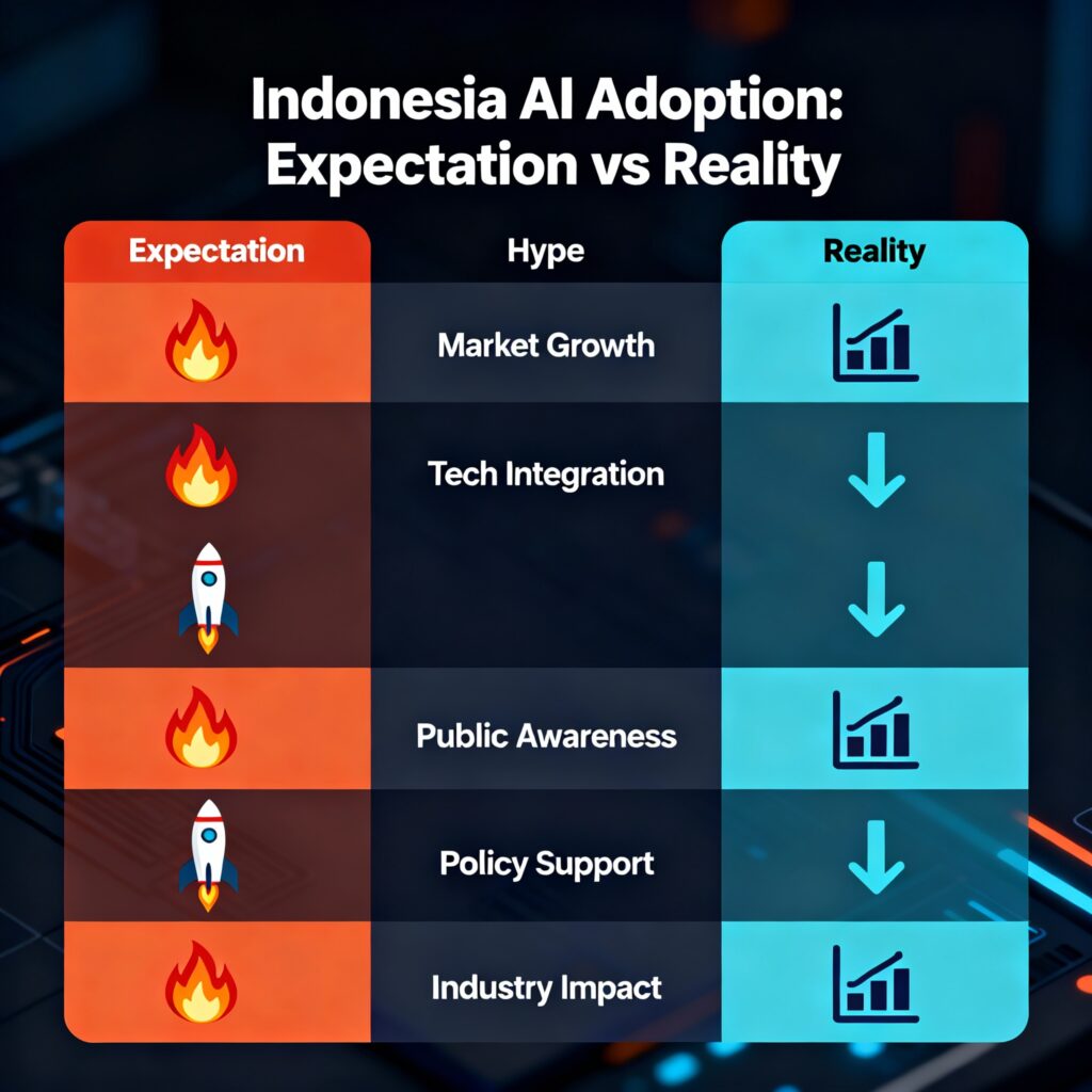 Comparison table showing AI adoption hype versus reality in Indonesia startup ecosystem with data points