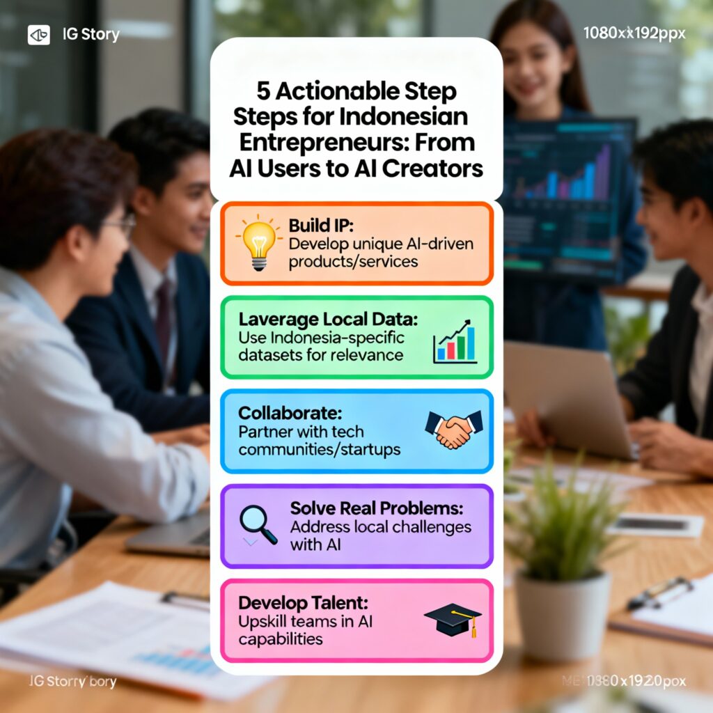 5 actionable steps for Indonesian entrepreneurs to shift from AI users to AI creators: build IP, leverage local data, collaborate, solve real problems, develop talent