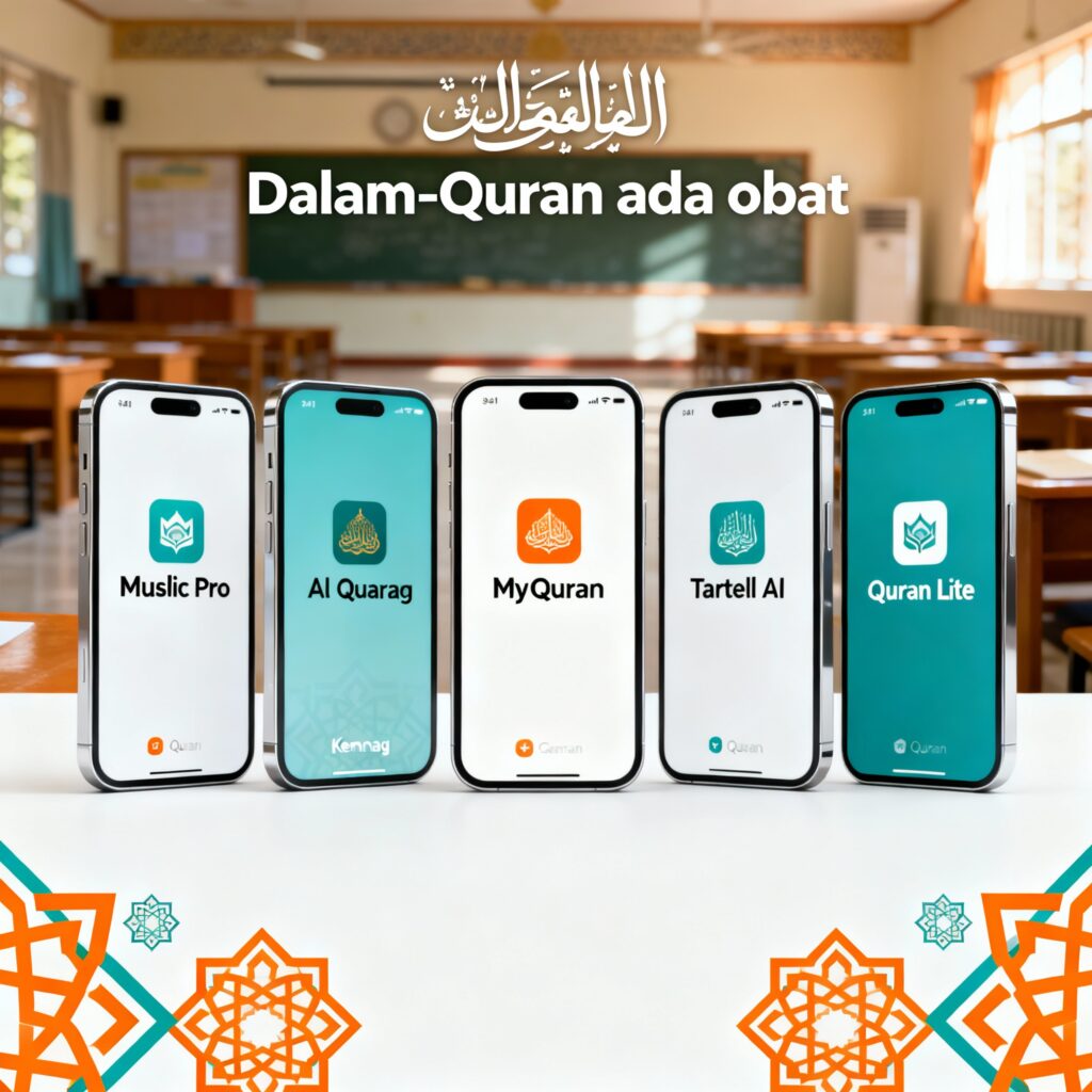 Perbandingan visual 5 aplikasi hafalan Qur'an: Muslim Pro, Al Quran Kemenag, MyQuran, Tarteel AI, dan Quran Lite dengan rating, fitur, dan rekomendasi pengguna.