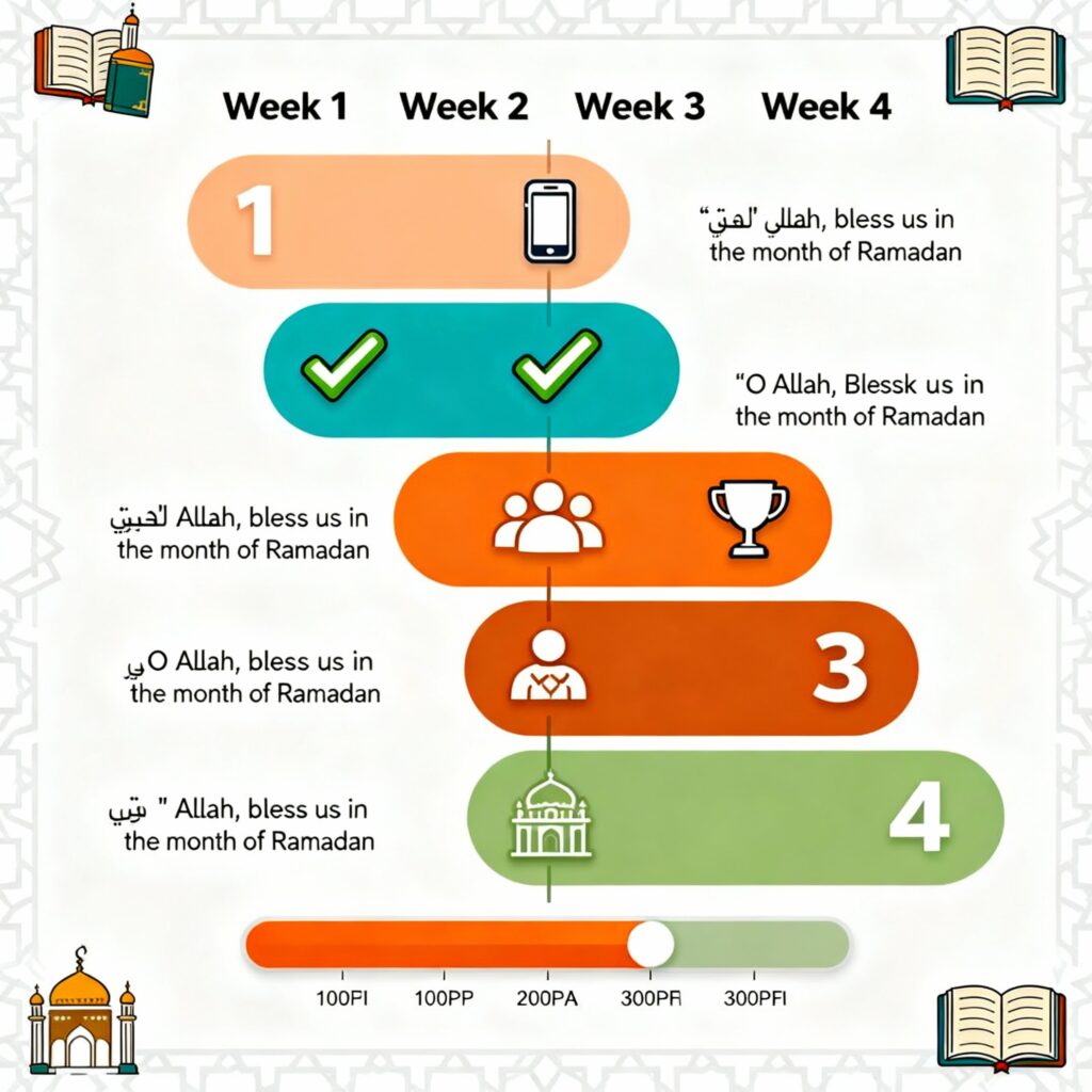 Infografis timeline 30-day sharia challenge lifestyle dengan 4 minggu, daily milestones, checkpoint progress, dan motivational quotes Islamic.
