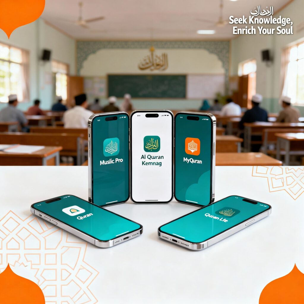 5 aplikasi hafalan Qur'an tampil di smartphone modern dengan motif Islam geometric, background putih bersih, aksen oranye dan teal.