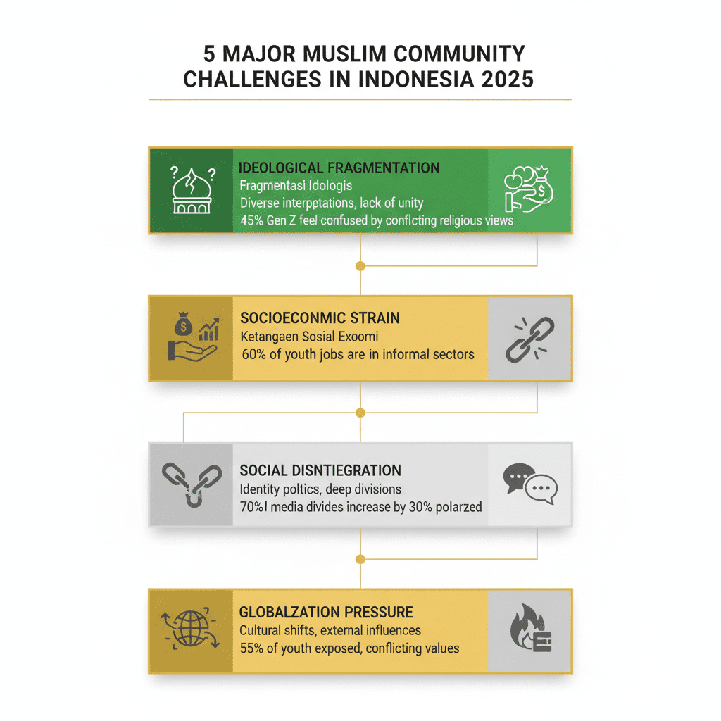 Isu keumatan 2025 : Five major Muslim brotherhood challenges in Indonesia 2025 - ideological fragmentation, socioeconomic strain, social disintegration, political polarization, globalization