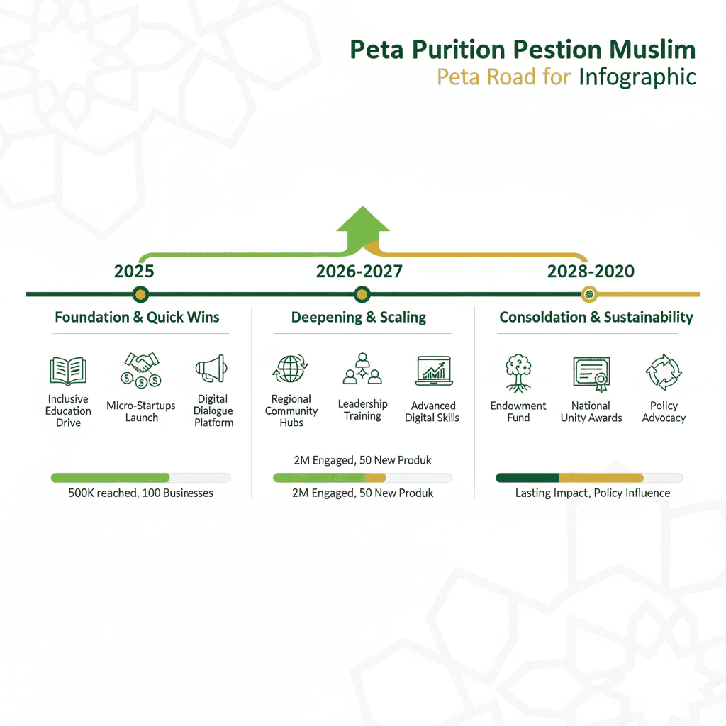 Muslim unity roadmap 2025-2030 showing three phases - foundation setting, deepening and scaling, consolidation and sustainability