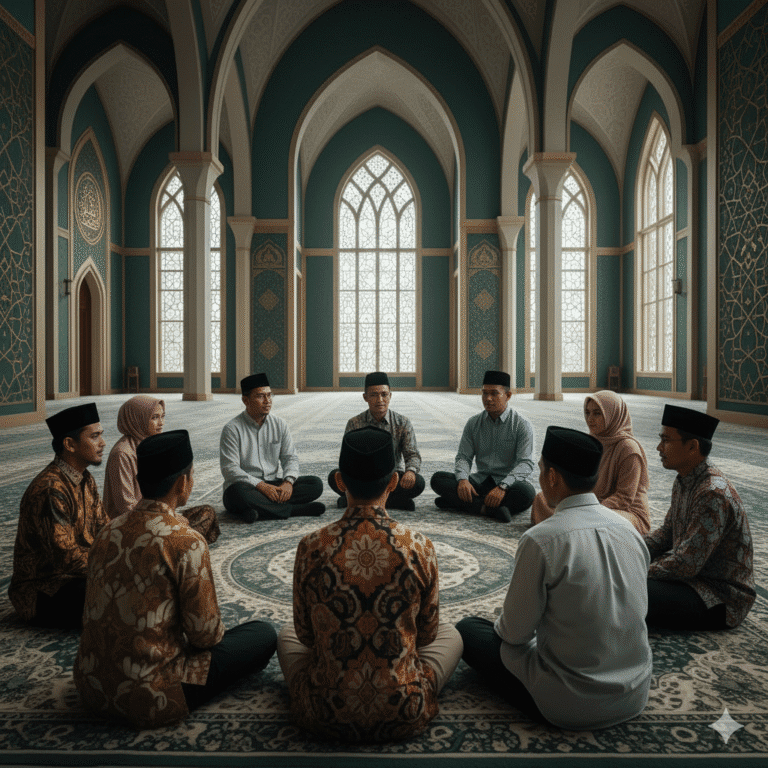 Diverse Muslim community united in dialogue - symbolizing Indonesian Muslim brotherhood and unity across different Islamic traditions