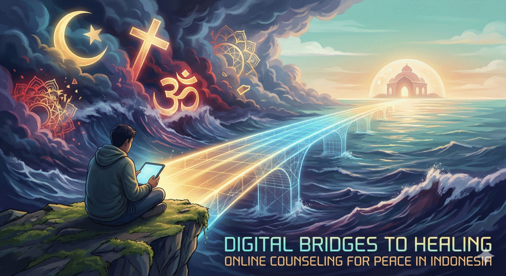 konseling psikologi konflik agama, Ilustrasi editorial modern menggambarkan seseorang melihat tablet yang memproyeksikan jembatan cahaya ke laut badai penuh simbol agama yang berbenturan, menuju cakrawala tenang, melambangkan penyembuhan konflik keagamaan melalui konseling online.