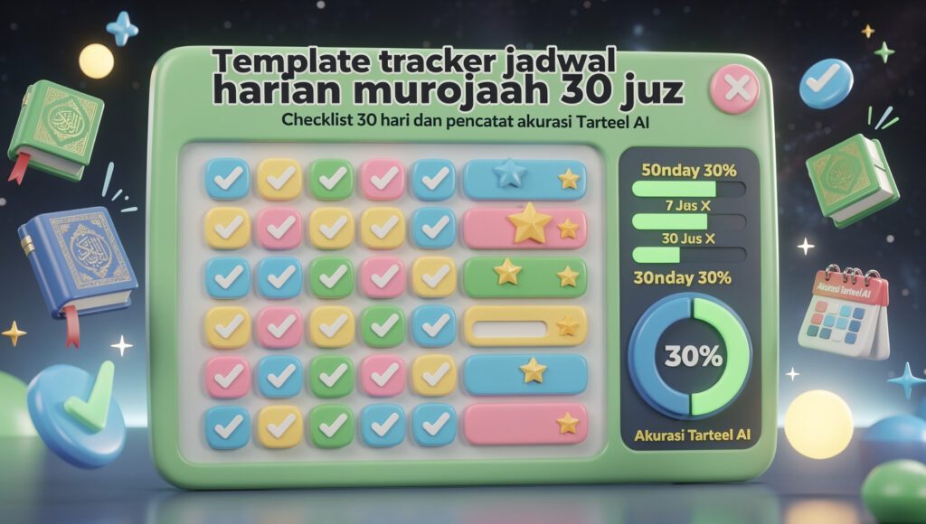 "Template tracker jadwal harian murojaah 30 juz dengan checklist 30 hari dan pencatat akurasi Tarteel AI"