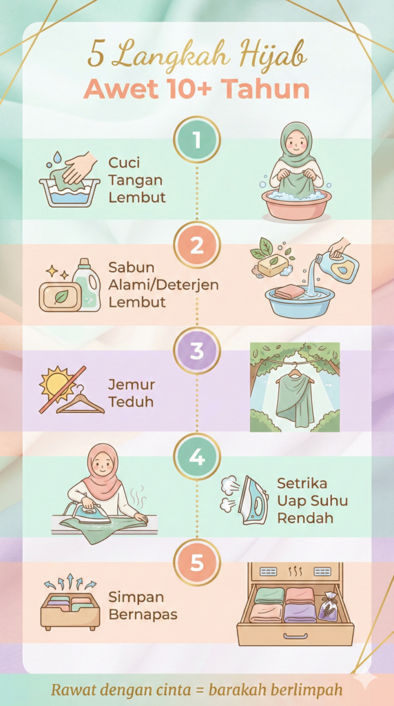 Infografis tutorial 5 langkah merawat hijab katun organik agar awet 10 tahun lebih - cuci tangan, sabun alami, jemur teduh, setrika uap, simpan breathable