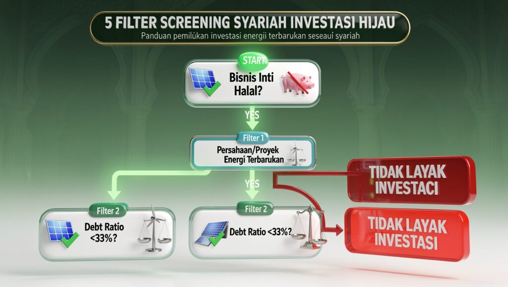 “infografis 5 Filter investasi green energy halal mencakup saham energi hijau syariah, sukuk green bond islam, reksadana syariah ESG, p2p financing syariah, crowdfunding hijau, panel surya, dan wakaf produktif energi”
