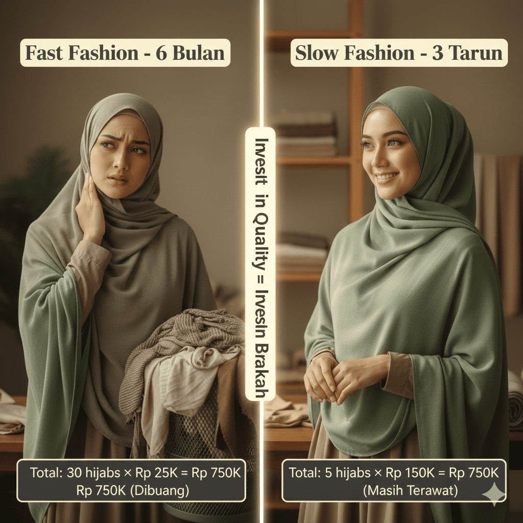 Infografis perbandingan 7 jenis kain hijab dengan rating kenyamanan, daya tahan, dan dampak lingkungan - katun organik dan tencel mendapat rating tertinggi untuk muslimah eco-conscious