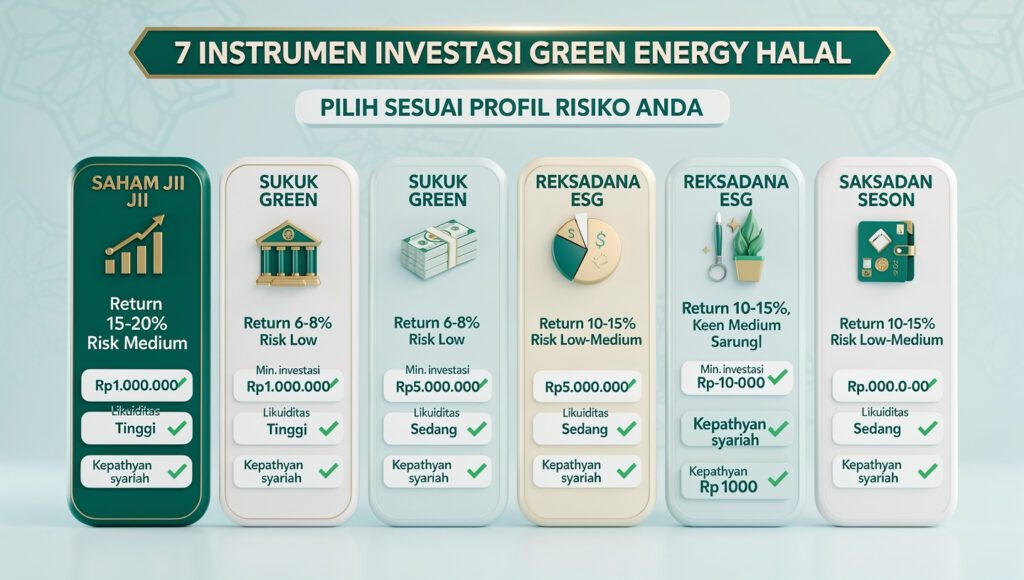 “infografis 7 cara investasi green energy halal mencakup saham energi hijau syariah, sukuk green bond islam, reksadana syariah ESG, p2p financing syariah, crowdfunding hijau, panel surya, dan wakaf produktif energi”